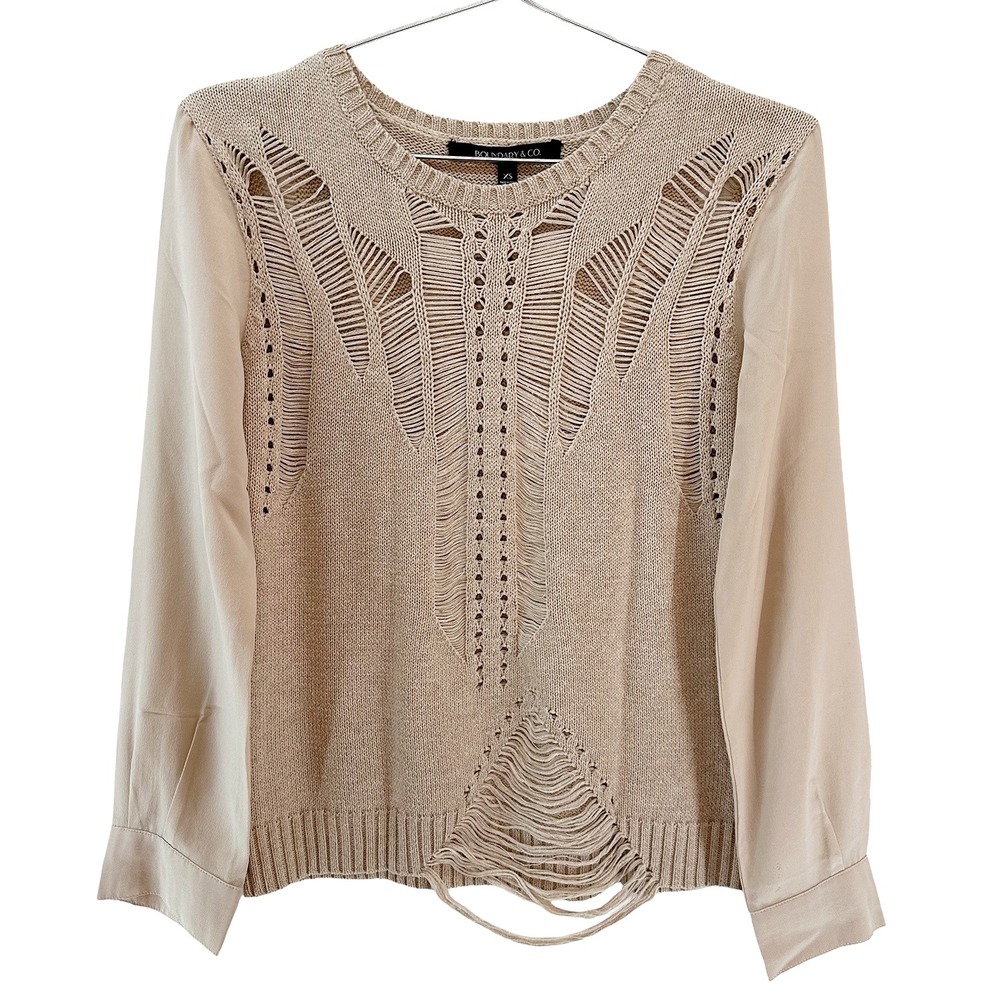 BOUNDARY & CO. Distressed‎ Look Knit & Silk Sleeve Sweater • XS • nude, beige